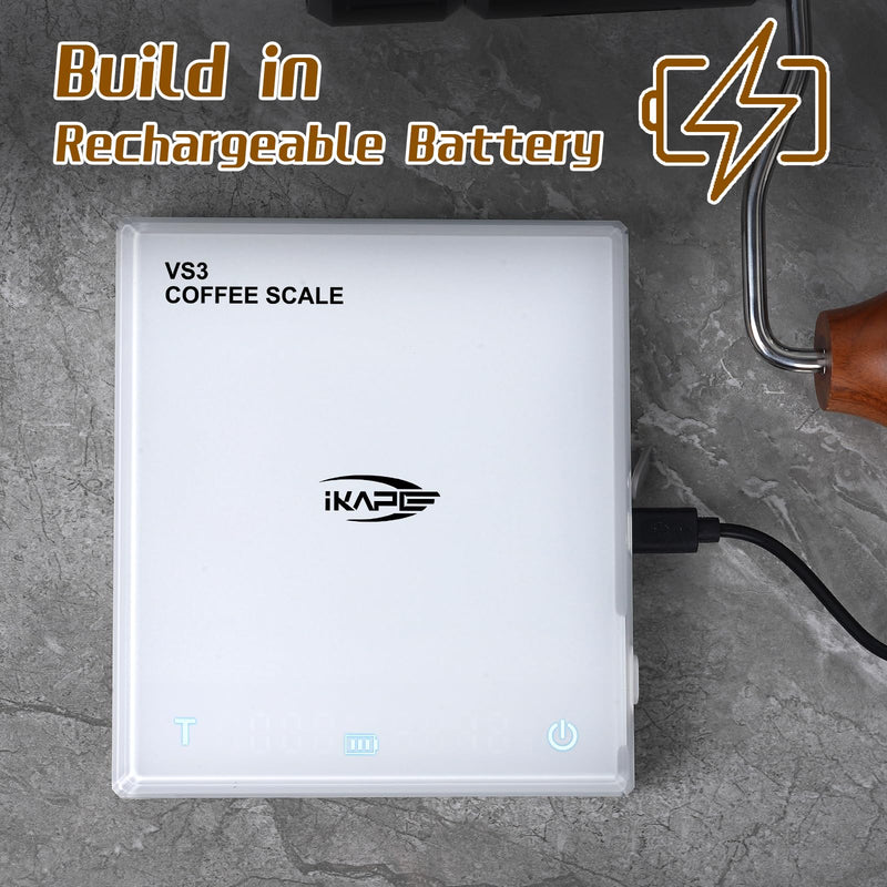 IKAPE Digital Coffee Scale with Timer, 2kg/0.1g High Precision Rechargeable Drip Espresso Scale with Tare Function, LED Display(White) White