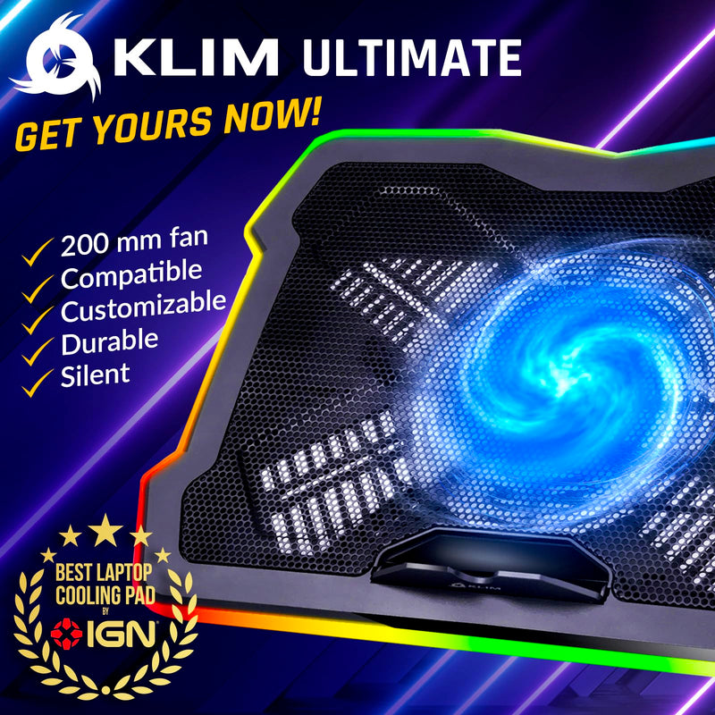 KLIM Ultimate - RGB Laptop Cooling Pad with LED Rim - New - Gaming Laptop Cooler - USB Powered Fan - Very Stable and Silent Laptop Stand - Compatible up to 17" - PC Mac PS5 PS4 Xbox One Black