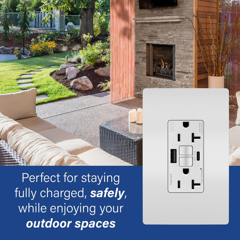 Legrand Pass & Seymour Radiant 20 Amp GFCI Weather-Resistant Wall Power Outlet with 2.0 Amp USB A/C Charger, White