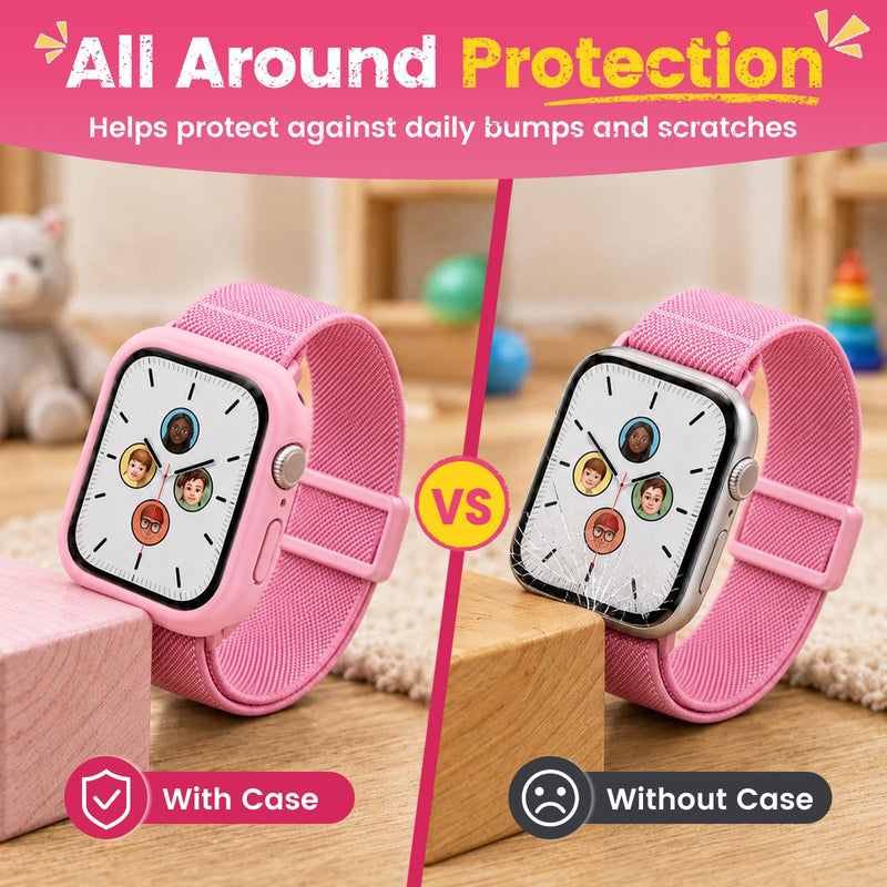 Compatible with Kids Apple Watch Band with Case 38/40/41/42/44/45mm | Stretchy Nylon Strap with Protective Cover and Screen Protector for iWatch Series 9 8 7 SE3 SE2 SE 6 5 4 3 2 1 Pink 40mm
