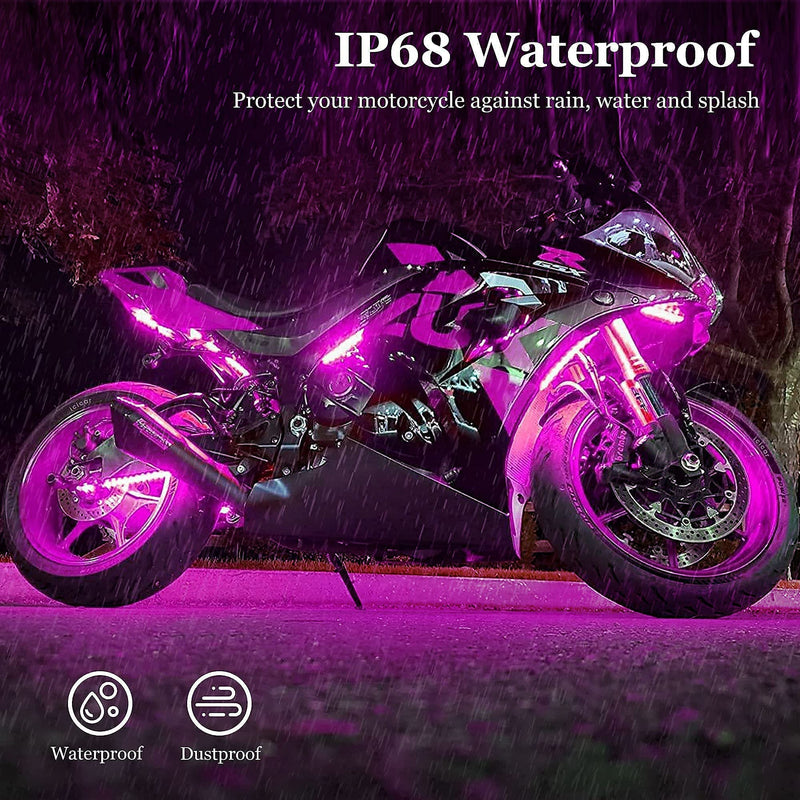 8PCS RGB Motorcycle LED Underglow Kit, App Control Dual Remote Multi-Color IP68 Waterproof Music Sync Accent Light with Brake Turn Signal for Harley Honda Golf Cart 8PCS