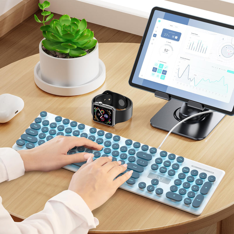 Typewriter Keyboard 104-key Punk Gaming Retro Keyboard LED Ice Blue Backlit Cute Keyboard with Wired USB Suitable for PC/Win/Mac/Laptop Computer Keyboard(Blue) V300/blue
