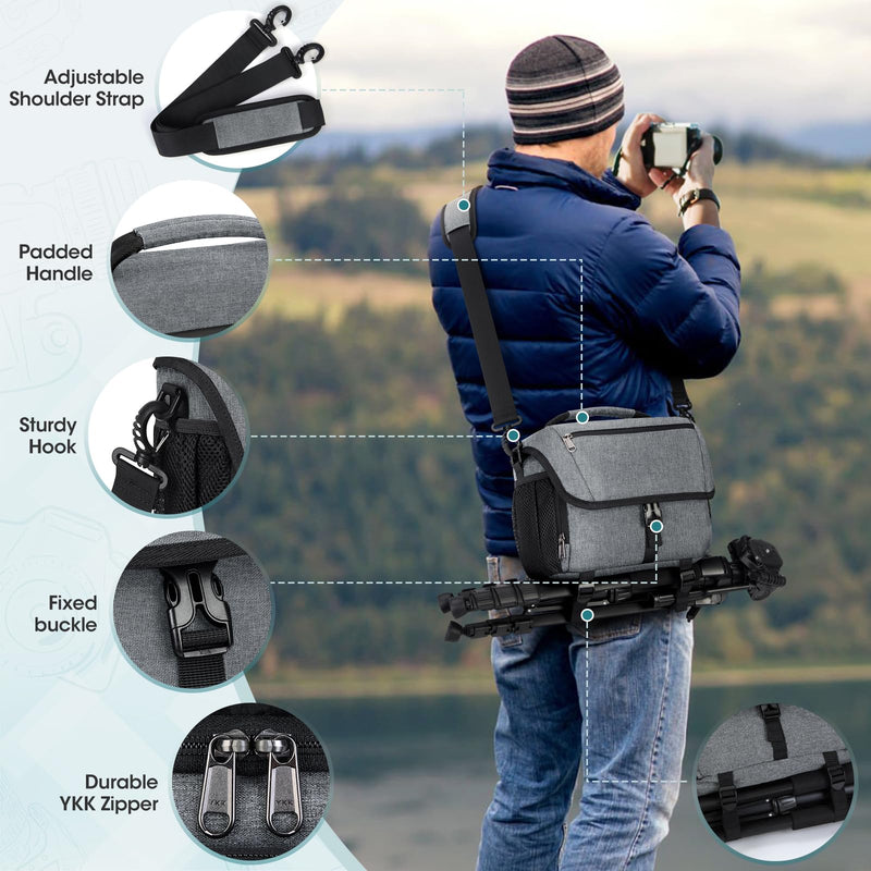 RAINSMORE Camera Bag, DSLR SLR Mirrorless Camera Case for Photographer | Waterproof Camera Sling Bag with Rain Cover & Tripod Holder Soft Padded Crossbody Camera Bag for Sony Canon Nikon Fujifilm Grey M
