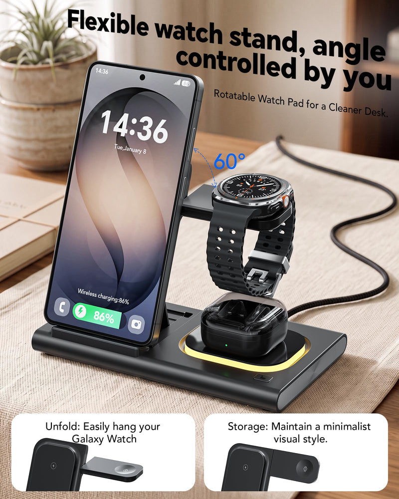 3 in 1 Charging Station for Samsung Charger, Foldable & Night Lamp | Wireless Charger for Samsung S26/Galaxy Watch Ultra/8/7/Galaxy Buds4,Tidy Desktop,Rotatable Watch Part,Not for Watch 9/Ultra2 Black