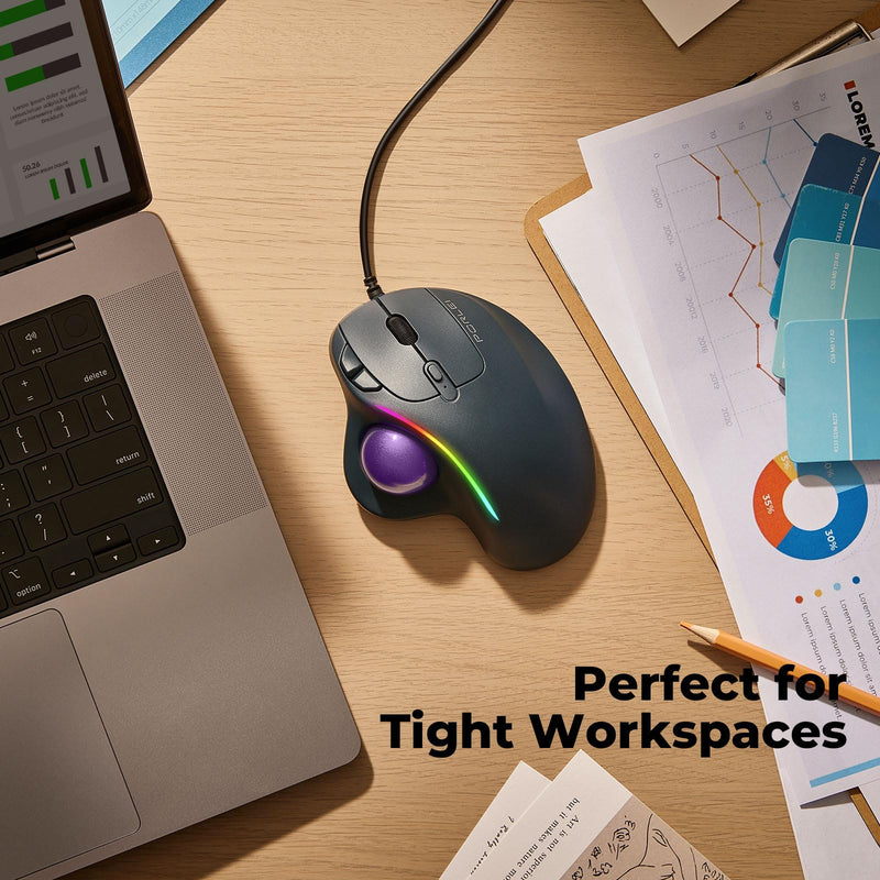 Trackball Mouse Wired, Ergonomic Comfort Design Reduces Muscle Strain, USB Plug&Play, Easy Thumb Control, Precision Tracking with 5 Adjustable DPI, RGB Rollerball Mouse Compatible for PC, Mac, Windows B-Purple