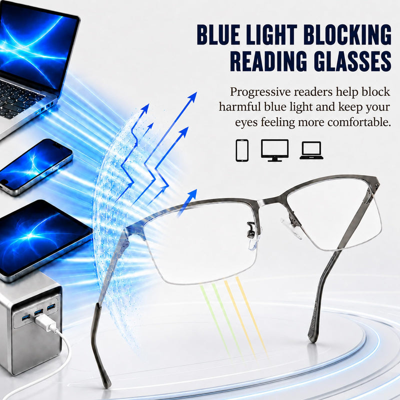 Photochromic Multifocus Reading Glasses, Progressive Transition Readers with Blue Light Filtering Lenses for Men Shine Grey 2.5 x