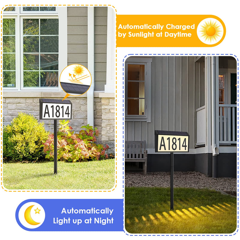 MAXvolador Solar Powered Address Sign House Numbers Waterproof, 3-Color Lighting Modes LED Illuminated Address Plaque with Stakes, Outdoor Address Number 1