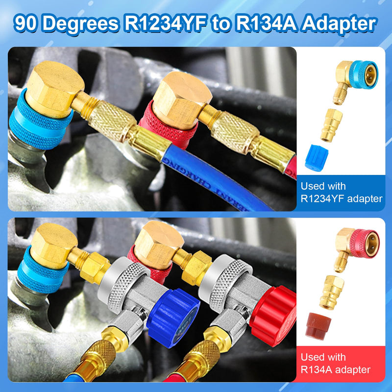 R1234yf Quick Couplers Kit, R1234YF to R134A Quick Coupler Adapter, High/Low Side Quick Coupler R1234YF AC Charging Hose Adapter Fitting Connector for Car Conditioner AC Charging (90° Adapter)