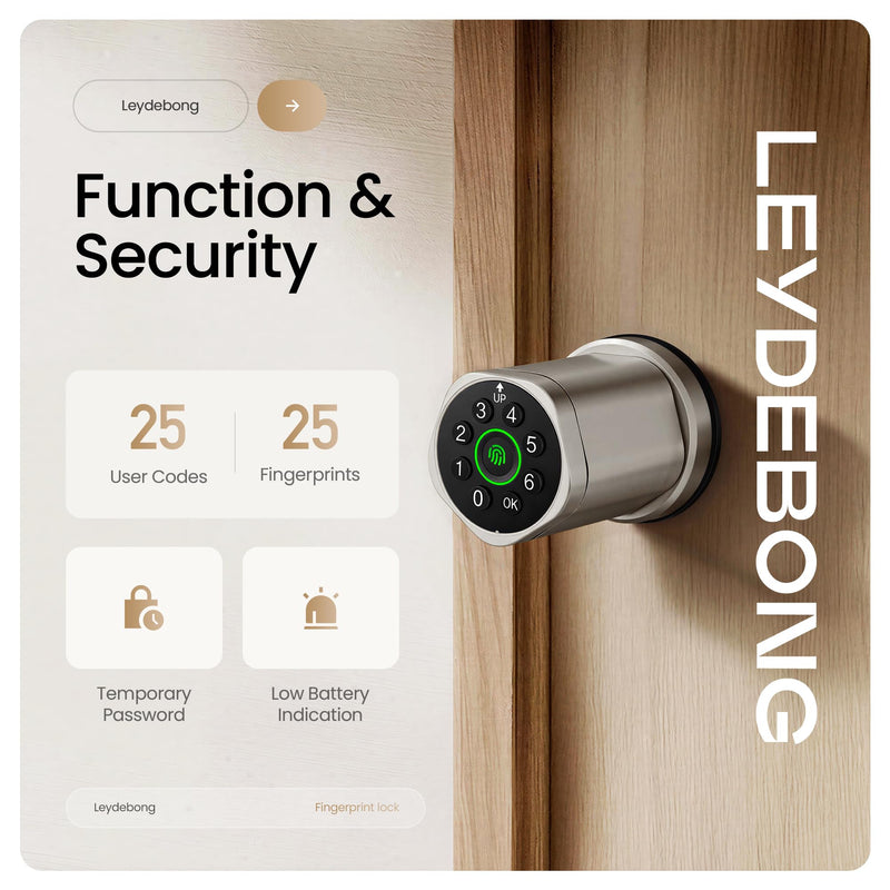 Leydebong 4-in-1 Smart Door Lock with Fingerprint and Keypad - Keyless Entry Electronic Lock with App and Mechanical Key - Easy Installation Smart Door Knob for Home Office Bedroom & Apartment 1 Satin Nickel