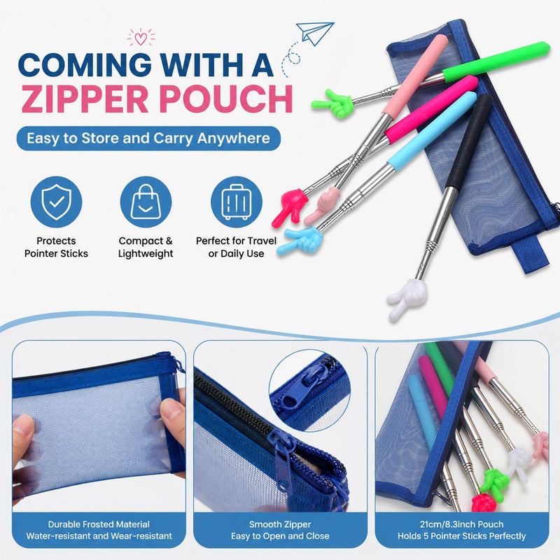 5pcs 30.7" Pointer Finger Stick for Teacher&Classroom, Teacher Must Have | with Pouch, Extendable Hand Pointer Finger, Classroom Essentials - Finger Pointer for School, Vlogging, Group Work, Reading