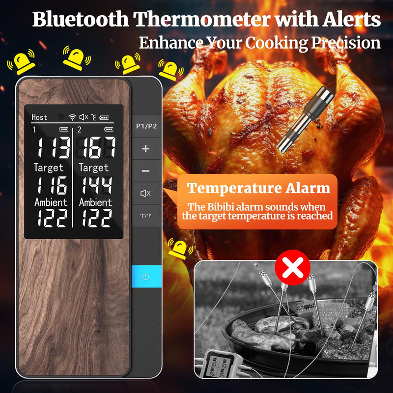 Wireless Meat Thermometer-Multi Sensors Digital Food Thermometer with Ultra-Thin Probes, Accuracy Smart Bluetooth Meat Thermometer for Steak, BBQ, Oven, Grill, Smoker,Recipes in App & Host 2 Probes - Wireless Monitoring (Ultra-Thin)