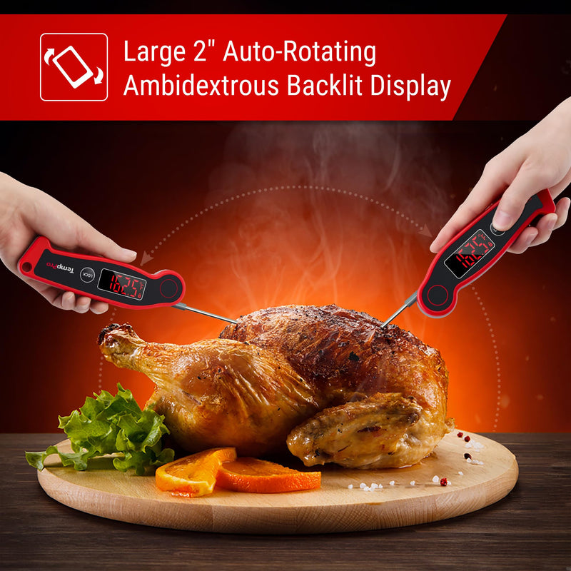 TempPro TP19 Waterproof Digital Meat Thermometer for Grilling with Ambidextrous Backlit & Thermocouple Instant Read Kitchen Cooking Food Thermometer for Candy Oil BBQ Smoker (Previously ThermoPro) Bright Red
