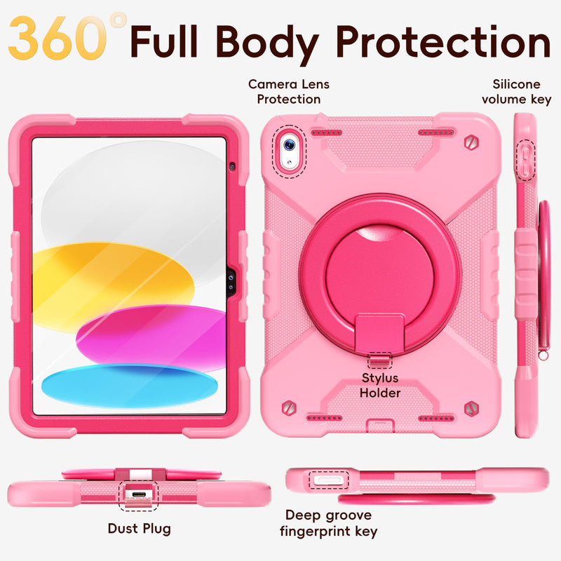 Case for iPad (A16) 11th/10th Generation 11/10.9 Inch 2025/2022 with Screen Protector/360° Rotate Stand/Pencil Holder/Shoulder Strap, Shockproof iPad 11th/10th Gen Cover (Pink+Rose Red) Pink+Rose Red Case for iPad (A16) 11th/10th Generation