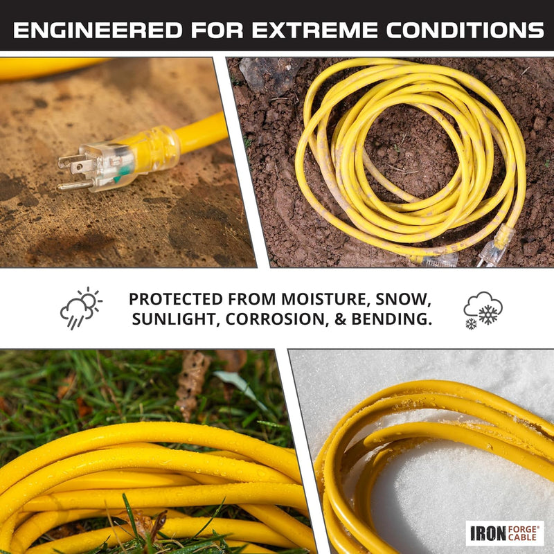 Iron Forge Cable Oil Resistant 12 Gauge Outdoor Extension Cord 10 ft with Locking Ends - 12/3 Heavy Duty Extension Cord Outdoor 3 Prong, Yellow Cable 15 Amp