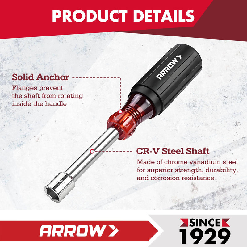 ARROW Nut Driver Set, 7 PCS SAE Nut Drivers with Non-Slip Grip, Cr-V Steel, 1-Inch Hollow Shaft, Hex Sizes 3/16, 1/4, 5/16, 11/32, 3/8, 7/16, 1/2-Inch, Easy for Tightening and Unscrewing