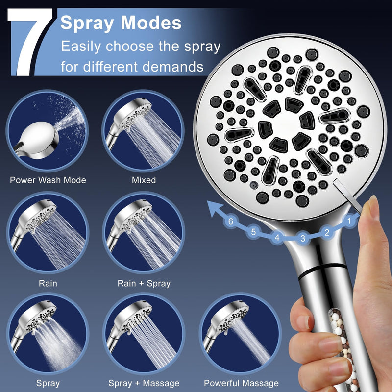 Filtered Shower Head with Handheld, High Pressure 7-Spd Detachable Chrome Showerhead with Stainless Hose, Water Softener Filter Beads for Hard Water - Remove Chlorine, Reduce Dry Itchy Skin 1 Filters Sliver