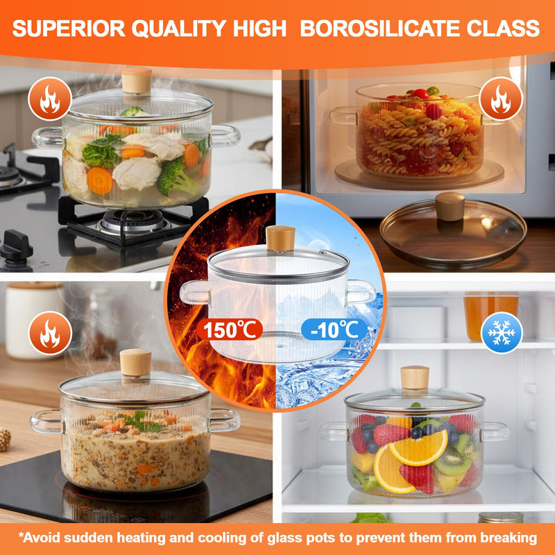 Jingmore Glass Simmer Pot 1.6L/54 oz for Stove with Lid and Strainer, Heat-Resistant Borosilicate Glass Pot for Cooking Soup, Pasta, Food Milk, Tea, Potpourri, Ideal for Stovetop Use (Clear) Ribbed