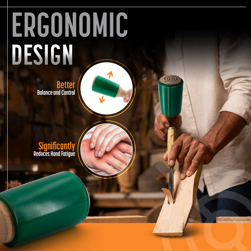 Precision Wood Carving Mallet 15oz for Woodworking, Comfortable Wooden Handle Reduces Hand Fatigue, Non-Marring Urethane Head Protects Tools, Chisel Hammer from Schaaf Tools Green Medium