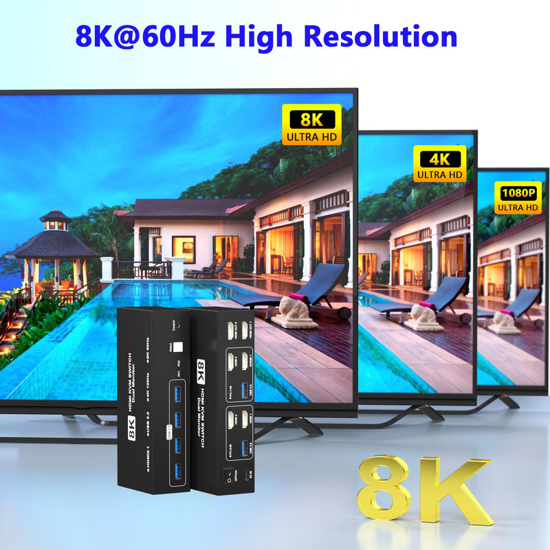 8K@60Hz HDMI KVM Switch 2 Monitors 2 Computers, USB3.0 Dual Monitor KVM Switches with 4 USB 3.0 Ports Sharing Keyboard Mouse Printer, Computer Switch Monitor Switch for 2 Computers with Controller