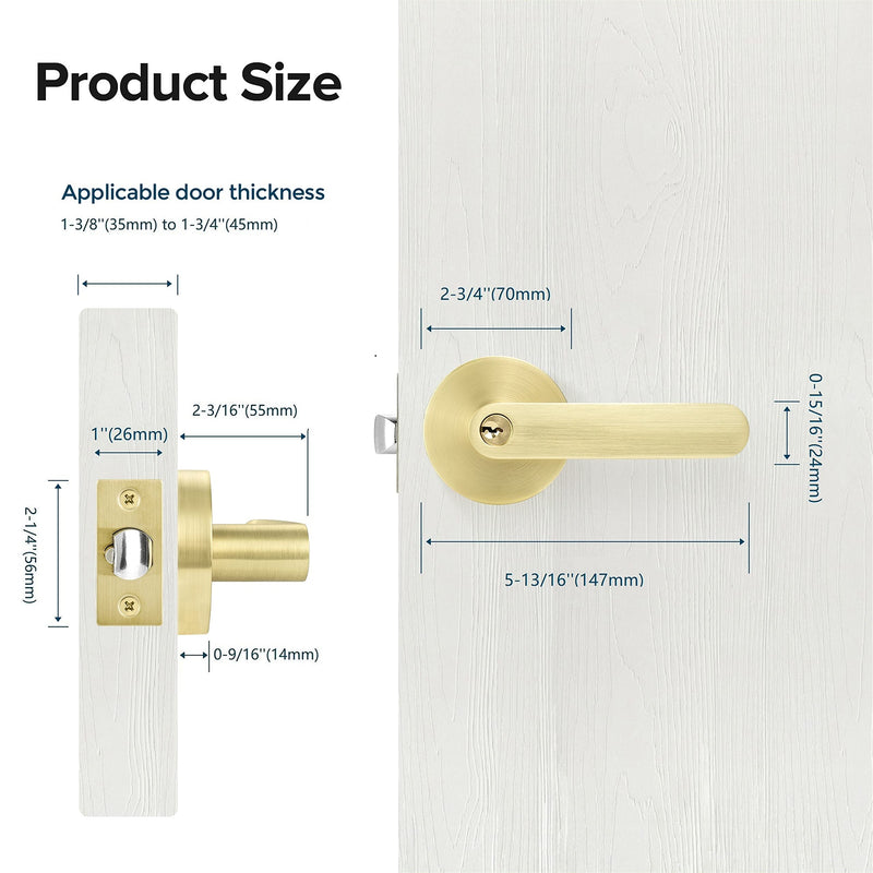 Leydebong 1 Pack Door Knobs with Keys, Entry Door Handles Light Satin Brass, Bedroom Bathroom Front Door Handle with Keys, Keyed Alike Door Levers for Interior Exterior Use, Round Modern Door Handles Keyed Entrance-Keyed Alike