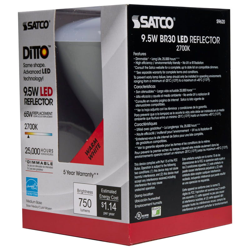 Satco S9620 9.5 Watt BR30 LED Reflector Light Bulbs - 65W Equivalent - 2700K Warm White - 105 deg. Beam Angle - E26 Medium Base - Dimmable - 120 Volt - 25,000 Hours (6 Pack) 6 Pack