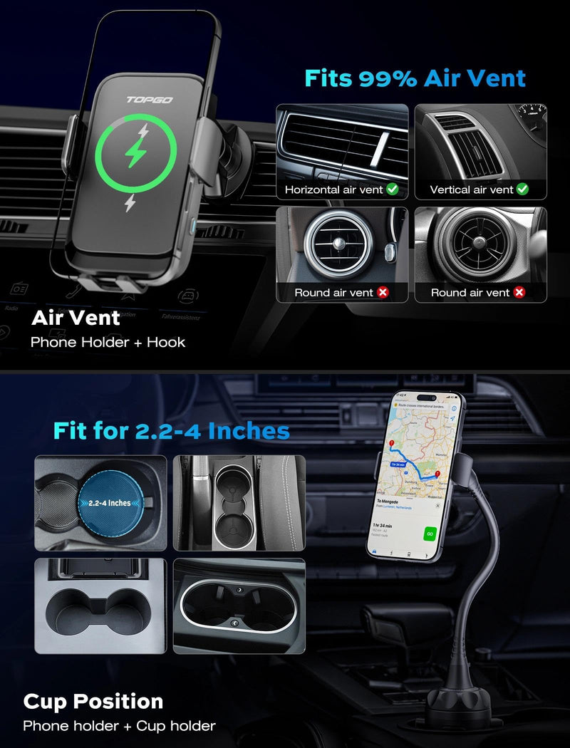 Dual Coil Cup Phone Mount Wireless Charger, Universal Cell Phone Holder, Cup Holder 15W Fast Charging for iPhone 17 16 Pro Max, Samsung Galaxy - Black Wireless Charger Mount