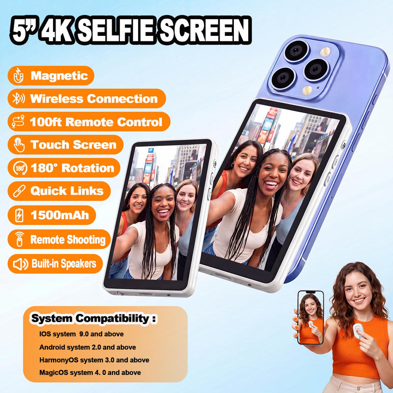 Selfie Monitor Screen iPhone,Magnetic Back Camera Monitor with Touch Screen | Wireless Magnetic Selfie Screen for Selfie,Vlog,Live Stream,180° Rotation,P2P Connect,Compatible with iPhone & Android