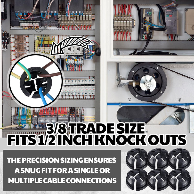 250 Pcs 3/8" Button Connector, Non Metallic Push in NM Cable Connectors for 1/2 Inch Knockouts, Black Plastic Electrical Junction Box Wire Bushing, Snap in Conduit Fitting 250