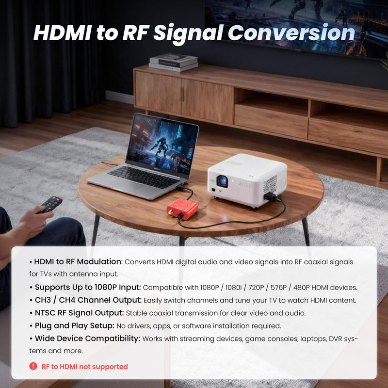 HDMI to RF Modulator with 1.2M HDMI Cable & Power Adapter,Plug and Play Coax RF Converter for TV, 1080P PLL Control NTSC Output CH3/CH4 RF Converter for Antenna TVs and Game Consoles（red）