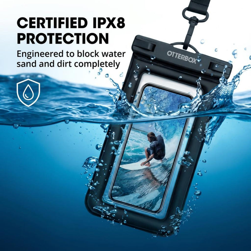 OtterBox Waterproof Universal Phone Pouch - IPX8 Submersible Dry Bag with Heavy-Duty Clip and Lanyard, Clear PVC Touch-Screen Sleeve for Beach, Travel, Boating & Pool - Black 1 Pack