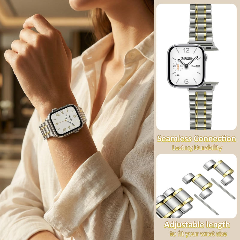Metal Band Compatible with Apple Watch Ultra Band 49mm 46mm 45mm 44mm 42mm, Stainless Steel Link Bracelet with Butterfly Clasp for Apple Watch Ultra 3 2 1 Series 11 10 9 8 7 SE, Gold silvery+gold 40/41/42mm