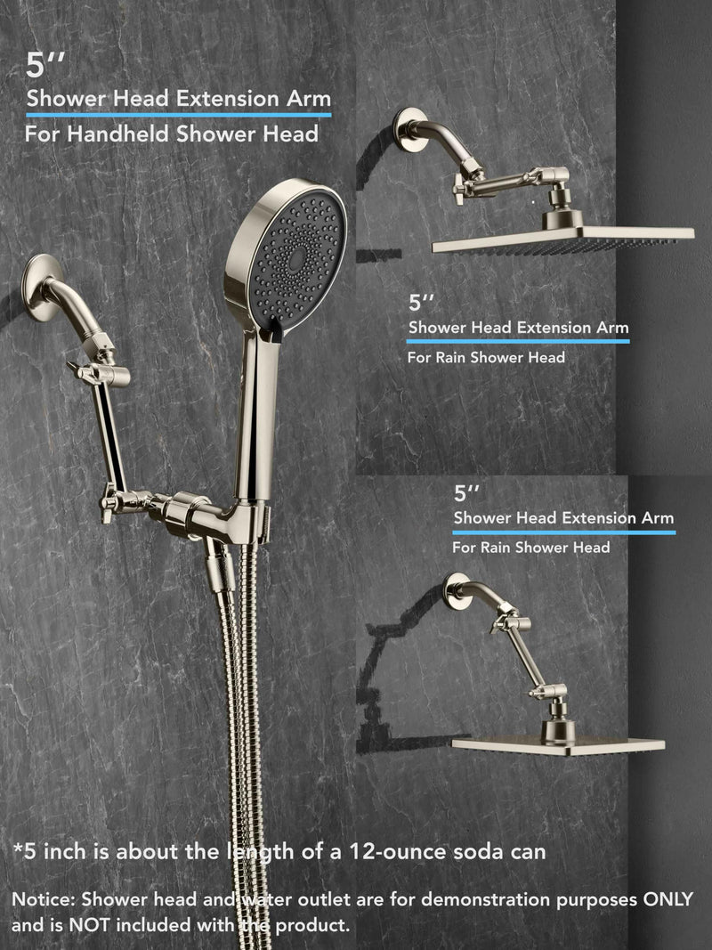 5 Inch Adjustable Shower Head Extension Arm With Locking Set Screw, Singing Rain 304 Stainless Steel Nickel Brushed Angle Height Adjustable, G1/2 Universal Connector Compatible (Nickel Brushed) 5 inch 2. Nickel Brushed