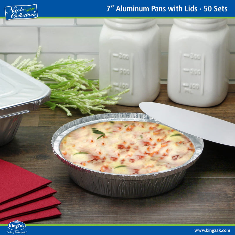 Nicole Home Collection Aluminum Pans 7” Round Disposable Foil Pans With Lids (50 Pack) – 7 Inch Round Disposable Takeout Pans With Board Lids (7" Inch Round) 7" Pans & Board Lids - 50 Sets