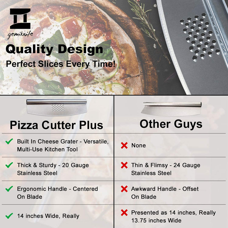 gemiknife Pizza Cutter Plus. Premium 14” Sharp Rocker Slicer + Built In Cheese Grater. Thick & Sturdy Stainless Steel Blade + Centered Handle + Protective Knife Cover + Dishwasher Safe.