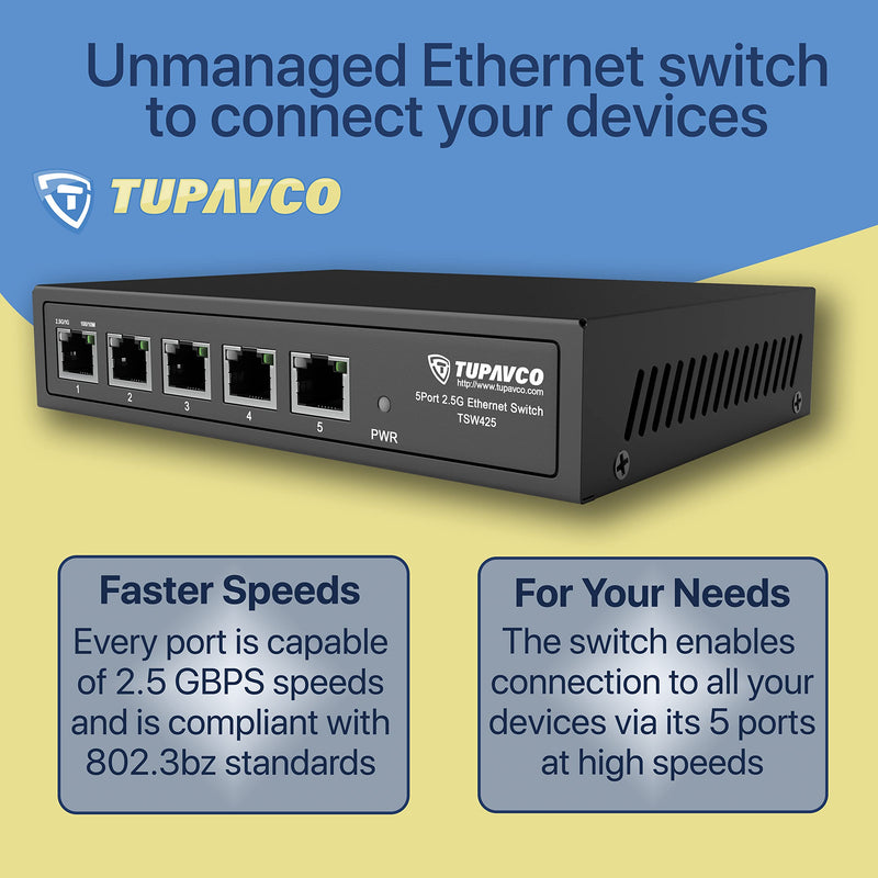 2.5GB Switch (5 Port) for Ethernet Network - High Speed 10M/100M/1G/2.5G Gigabit (802.3bz) - Unmanaged Plug & Play Fanless LAN Splitter - Metal Case - Wall Mountable - Tupavco TP1940 5 x 2.5G Ports (no PoE)