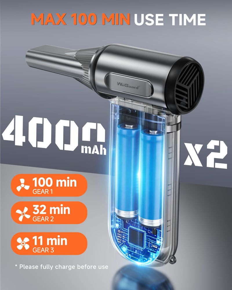 WeGuard Compressed Air Duster, 180000RPM Air Blower for Cleaning (Grey) | Cordless Air Duster, 3-Speed, Stepless Speed Mode, LED Light, Rechargeable Blower for Keyboard, PC, Car, Electronics