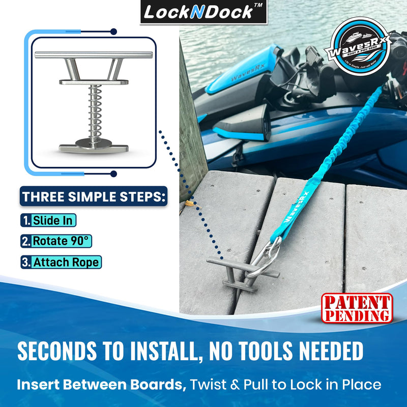 WAVESRX LockNDock™ Portable Docking Cleat for PWC & Small Craft | 316 Stainless Steel Temporary Boat Cleats 4 inch, Twist-to-Lock, Tool-Free,No-Drill Dock Rope Cleat 2 PACK