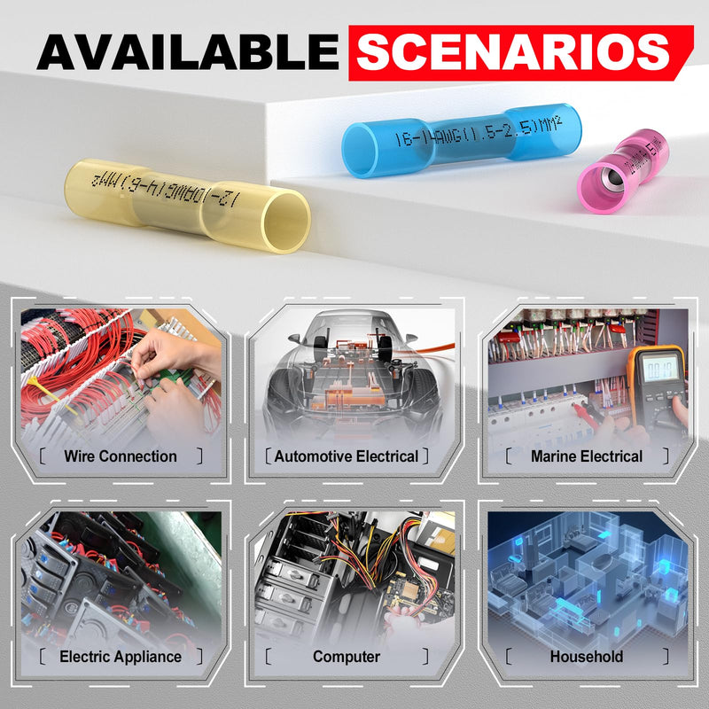 AIRIC Heat Shrink Butt Connectors Kit 26-10 AWG, 380 pcs Waterproof Crimp Splice Terminal, Marine Connector for 26,24,22,20,18,16,14,12,10 Gauge Wire, Wiring Crimps Terminals Red/Blue/Yellow/White