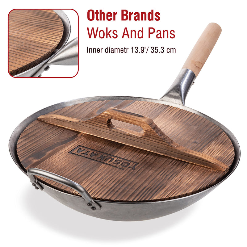YOSUKATA Premium Wok Cover 13.2" for Wok 13.5"- Wooden lid for Frying Pan - Ergonomic Handle - Condensate-free - Durable Accessories for Carbon Steel - Cast Iron - Stainless Steel & Aluminum Woks 13.2" for wok 13.5"
