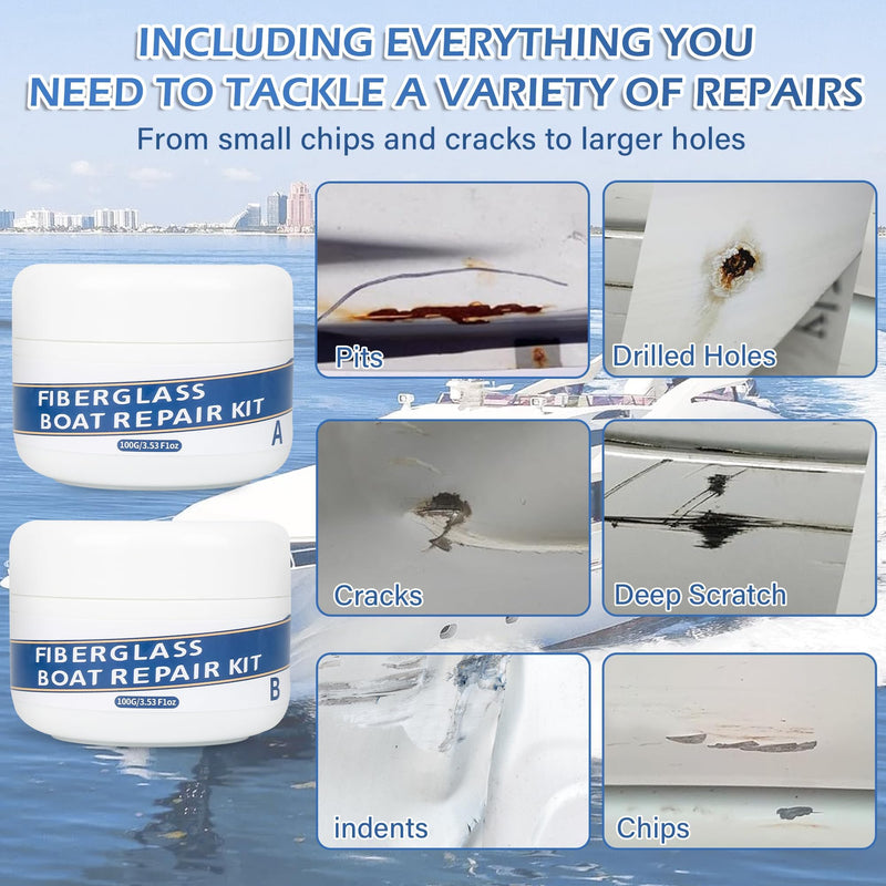 Marine Fiberglass Repair Kit for Boats, 200g/7.06oz Gel Coat Kepair kit for Boats, Epoxy Filler for Repairs Cracks, Scratches, Debris, Holes, Gaps, Suitable for Fiberglass, Acrylic, Porcelain