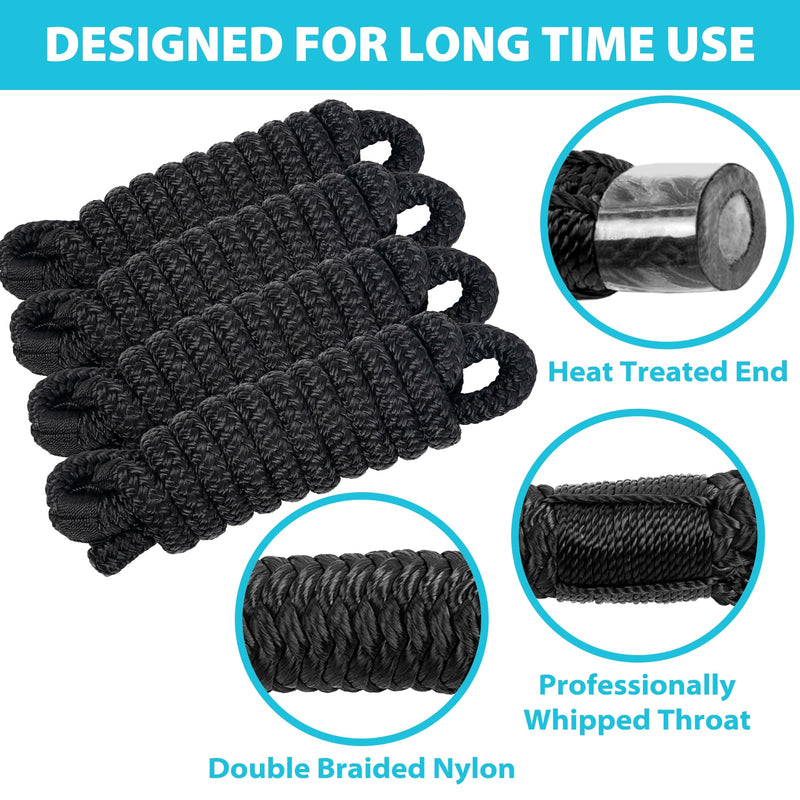 Obcursco 4 Pack 3/8" x 6FT Boat Fender Lines - Marine Grade Double Braided Nylon Rope with 5" Eyelet for Tying Bumpers & Docking, Fray Resistant, Black