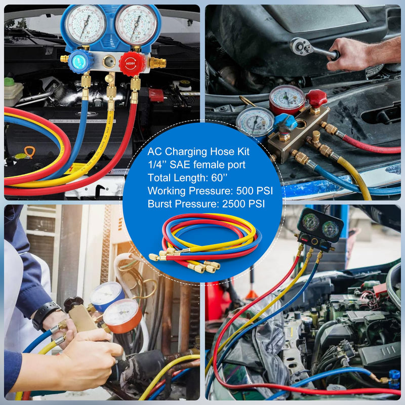 3 Pieces AC Manifold Gauge Hose Kit, R410A Refrigerant Charging Hoses 1/4 SAE, 5FT AC Manifold Gauge Hose Kit for R134A R410A R22 R404A, A/C Charging Hose 60‘’