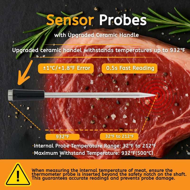 Smart Wireless Meat Thermometer Digital, 600 Ft Long Range Bluetooth 5.3 with App Control, High Accuracy Waterproof Ceramic Probe, Fast Charging & Magnetic for Oven Grill BBQ Smoker Rotisserie