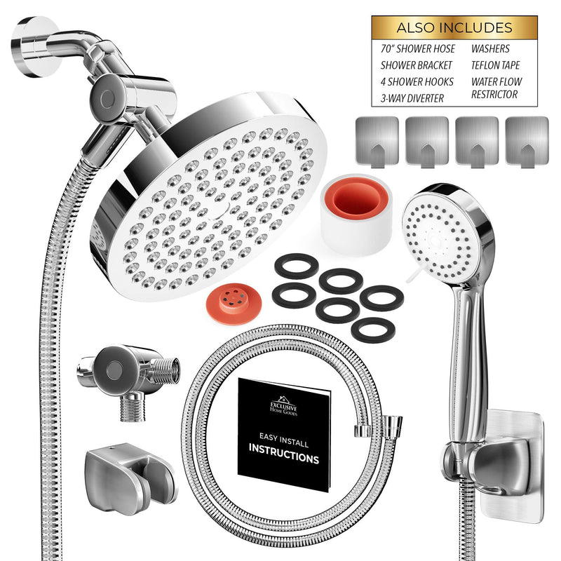 Shower Head With Handheld Combo, 6 Inch High Pressure Rainfall Showerhead With Hand Held 70 Inch Hose for Bath - Adjustable Swivel Shower Head Spray Anti-leak Nozzles - Universal Fit 2.5 GPM Chrome