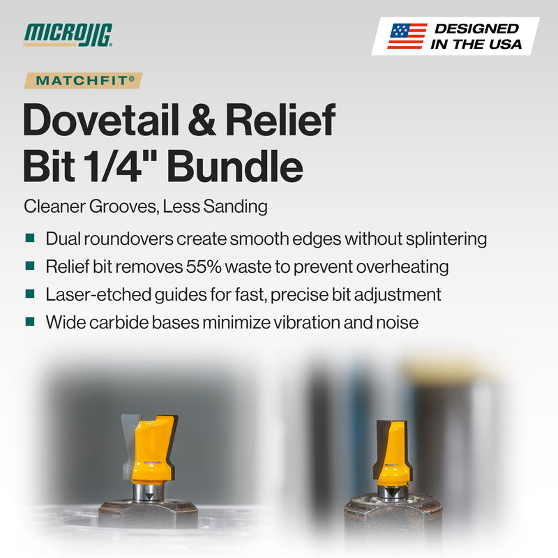 MICROJIG MATCHFIT Dovetail and Relief Router Bit Bundle for Clean Grooves, Reduced Tear Out, and Longer Tool Life in Cabinet Making, and Furniture Building, Woodworking Tools, ¼” Shank