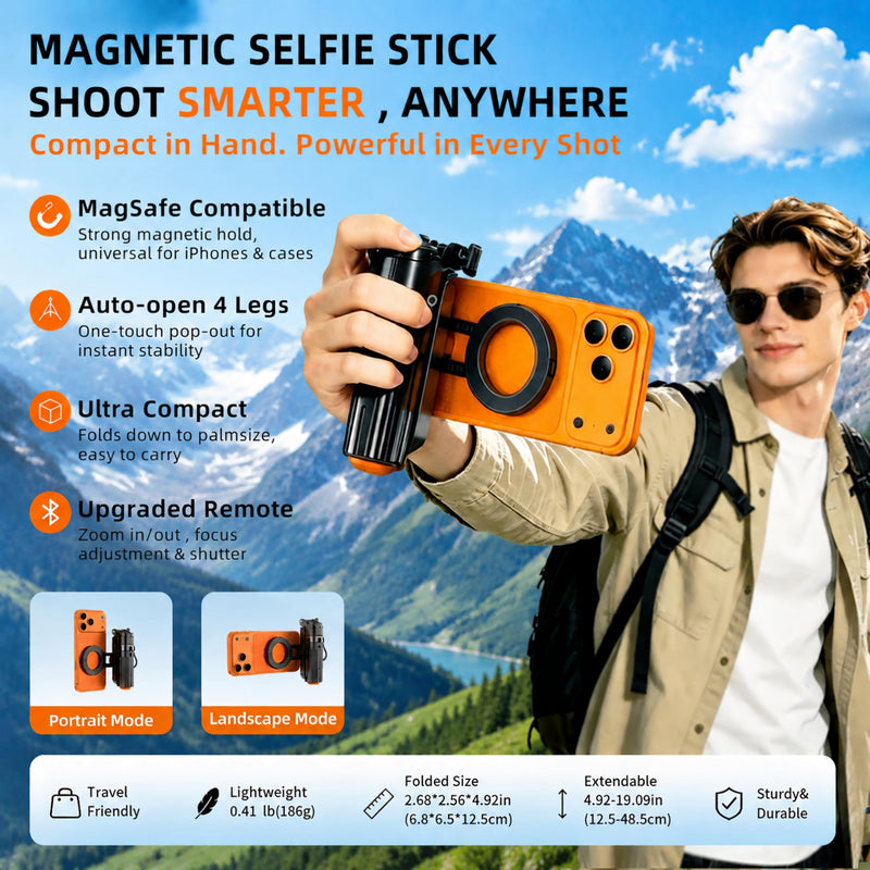 Upgrade 19" Mini Magnetic Selfie Stick Tripod for iPhone MagSafe & Android, Auto-Open Pocket Size Phone Tripod with Remote, 360° Rotatable Portable Selfie Stick for Video Recording & Travel