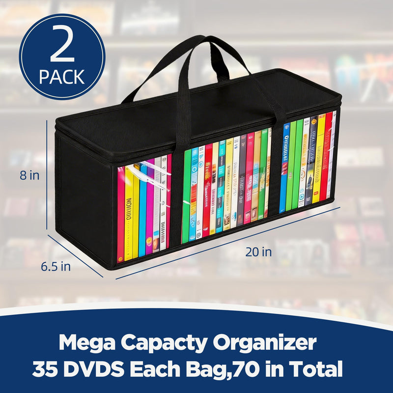 DVD Storage Bags, Clear PVC Media Organizer with Handles, Front Zipper Window, Stackable Holder for Blu Ray Discs, Movie Cases and VHS Boxes, 2 Pack, Holds 70 DVD Cases Total, 35 per Bag (SB-A-01) SB-A-01 Black