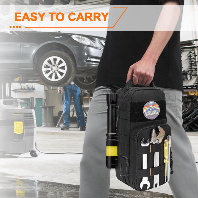 Rexmica Heavy Duty Small Tool Bag Storage with 2 Zipper Pouches, Multi-functional Tactical Molle Tool Organizer Case with Locking Carabiner for Camping, Road Trip, Electricians, EDC, Multimeter Case