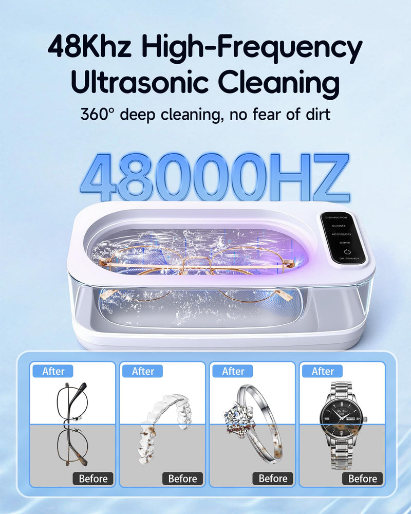 Ultrasonic Jewelry Cleaner Machine, 48KHz Ring Ultrasonic Cleaner, 4 Cleaning Modes - Suitable for Eyeglasses, Jewelry, Rings, Watchbands, Braces, Dentures, 13.5oz 304 Stainless Steel Tank for Gift White