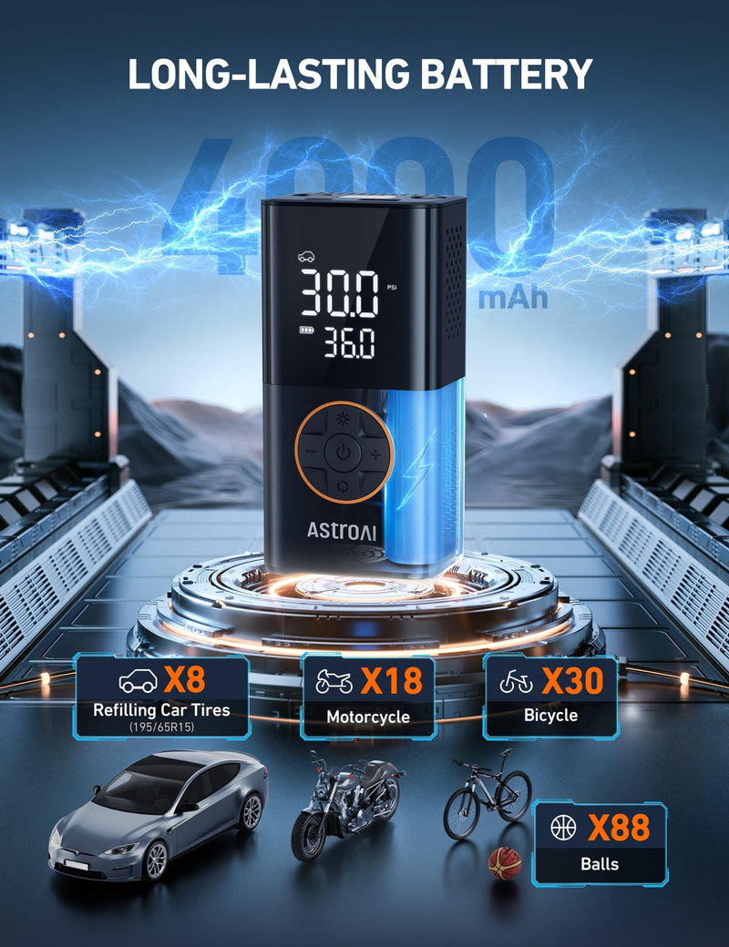 AstroAI L7 Tire Inflator Portable Air Compressor Cordless Bike Pump with Digital Dual Values Display, 150 PSI Car Tires Pump with LED Lights Air Pump for Cars, Motorcycles, Bikes, Balls Orange